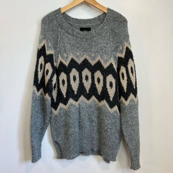Mos Mosh Women’s Large Mildred Knit Grey Fair Isles Pullover Cozy Sweater Metal - Picture 1 of 10